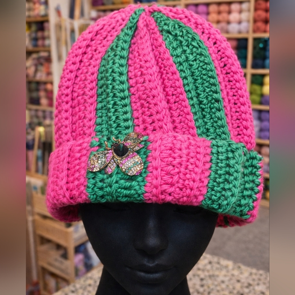 Pink and Green Knit Beanie with Brooch